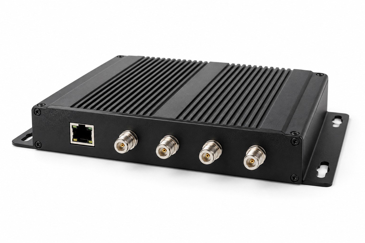 Illustrative fixed-mounted RFID reader with network and antenna ports