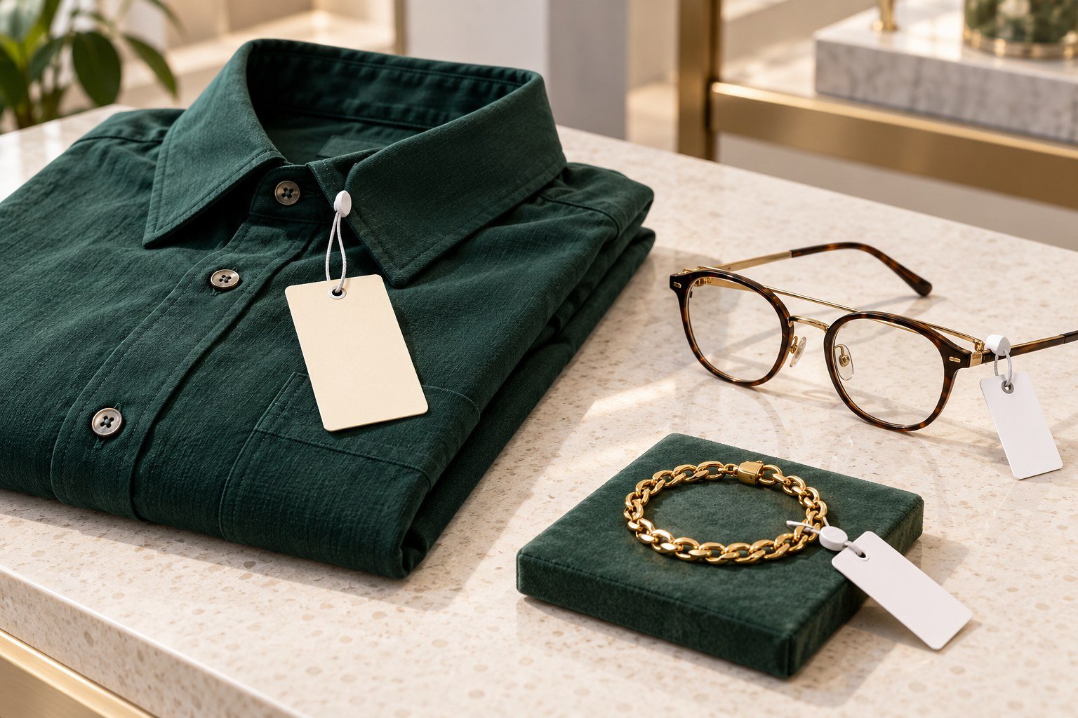 Illustrative apparel, jewellery and spectacles with inventory tags