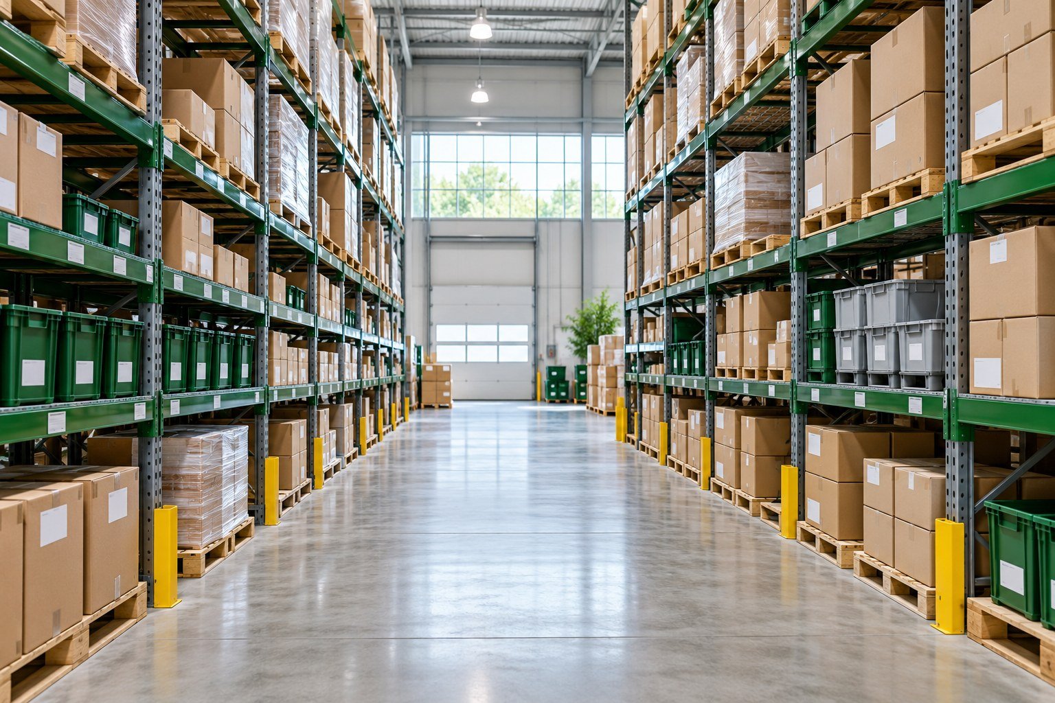 Illustrative organised warehouse inventory shelves and cartons
