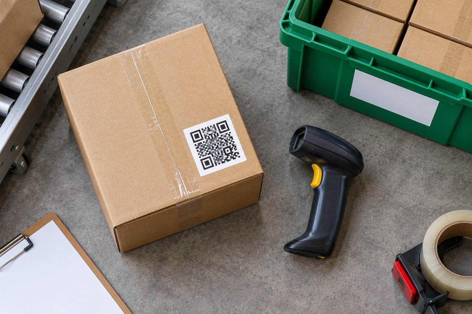 Illustrative QR scanning tools and labelled warehouse stock