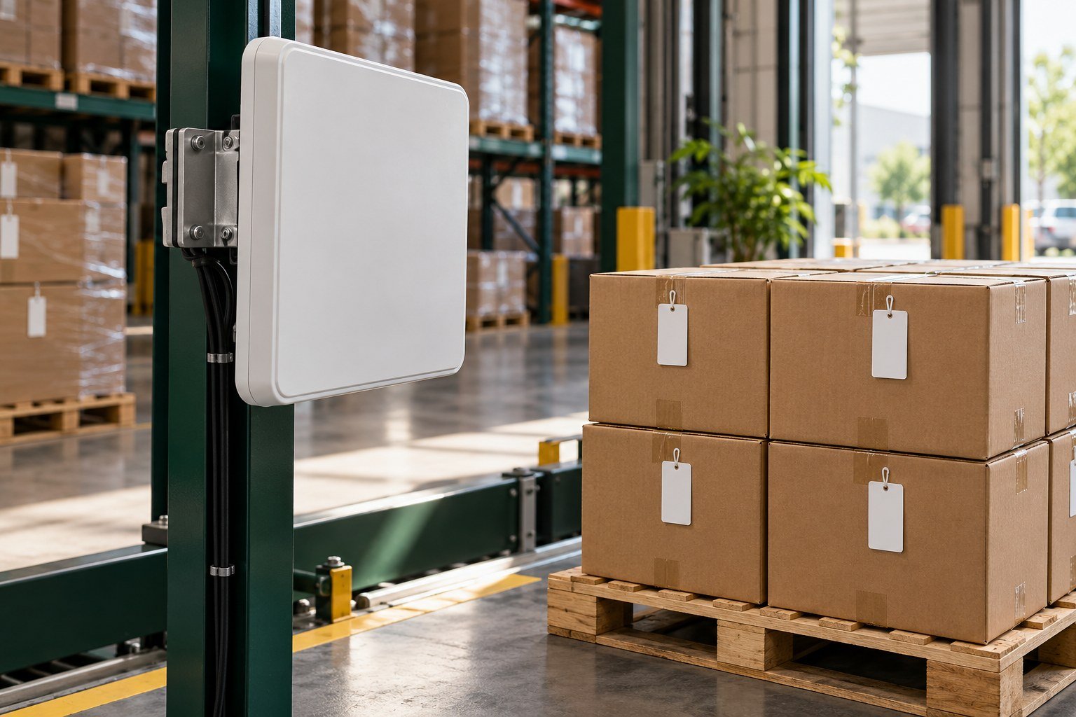 Illustrative RFID reading station beside warehouse cartons
