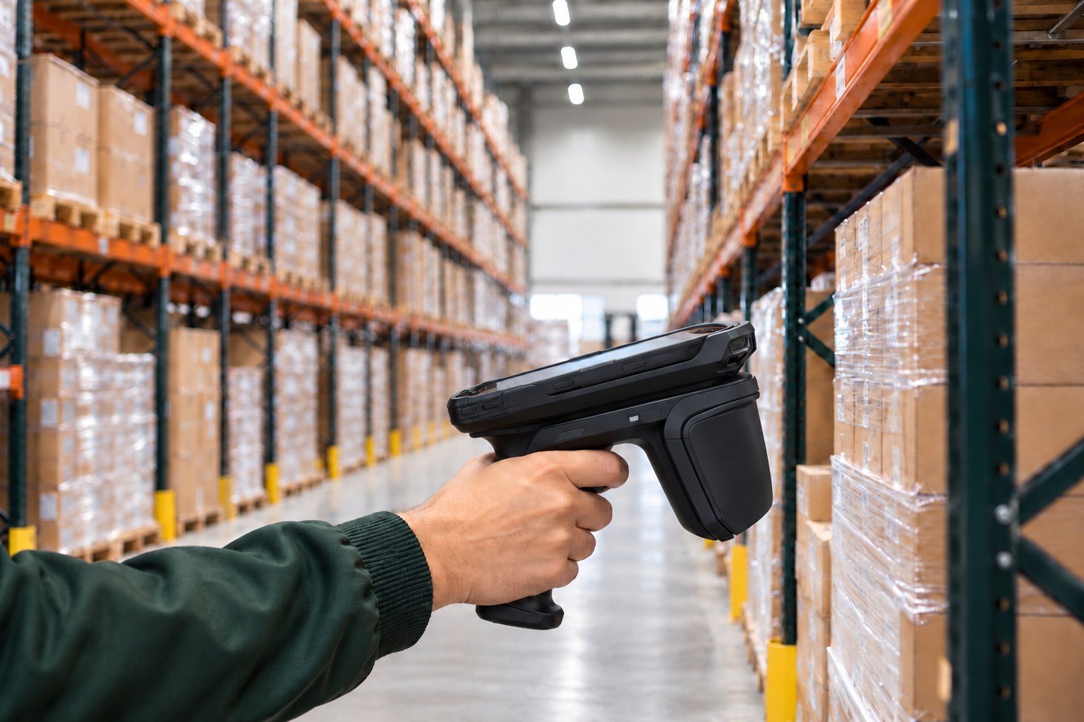 Hands using an RFID reader to check warehouse stock